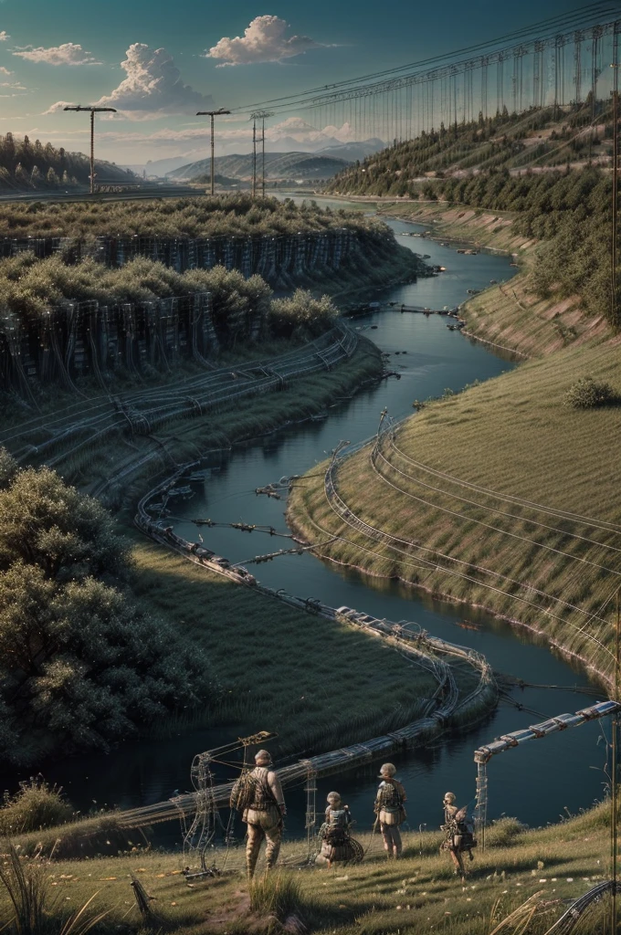 (((grassland))), ((best quality)), ((Extremely detailed)), (game illustration), (Extremely beautiful)),, light, ((1.Girls with disabilities)), single, full. : 1.4), ((river), (cloud), (lake)), ((forest), ((war machine)), Poker face, (Wires and cables connecting the head to the body: 1.5), (character focus), Science fiction