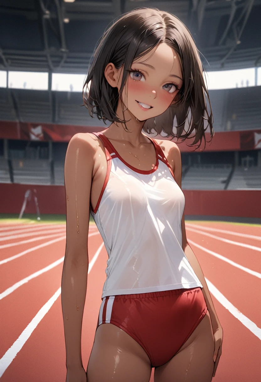((masterpiece,Highest quality:1.3,best quality illustration)),((realistic:1.2)),cowboy shot,独奏,1woman,18 year old beauty、black hair,short bob hair,(center parted bangs),black eyes,(gorgeous big eyes),((very small head:1.4)),smile,((slender body:1.2,skinny)),(tan skin:1.4),small breasts,(White tank top、school gym red buruma),gleaming skin,oily skin,slender body,sweat,standing,Athletics Stadium、Tokyo、