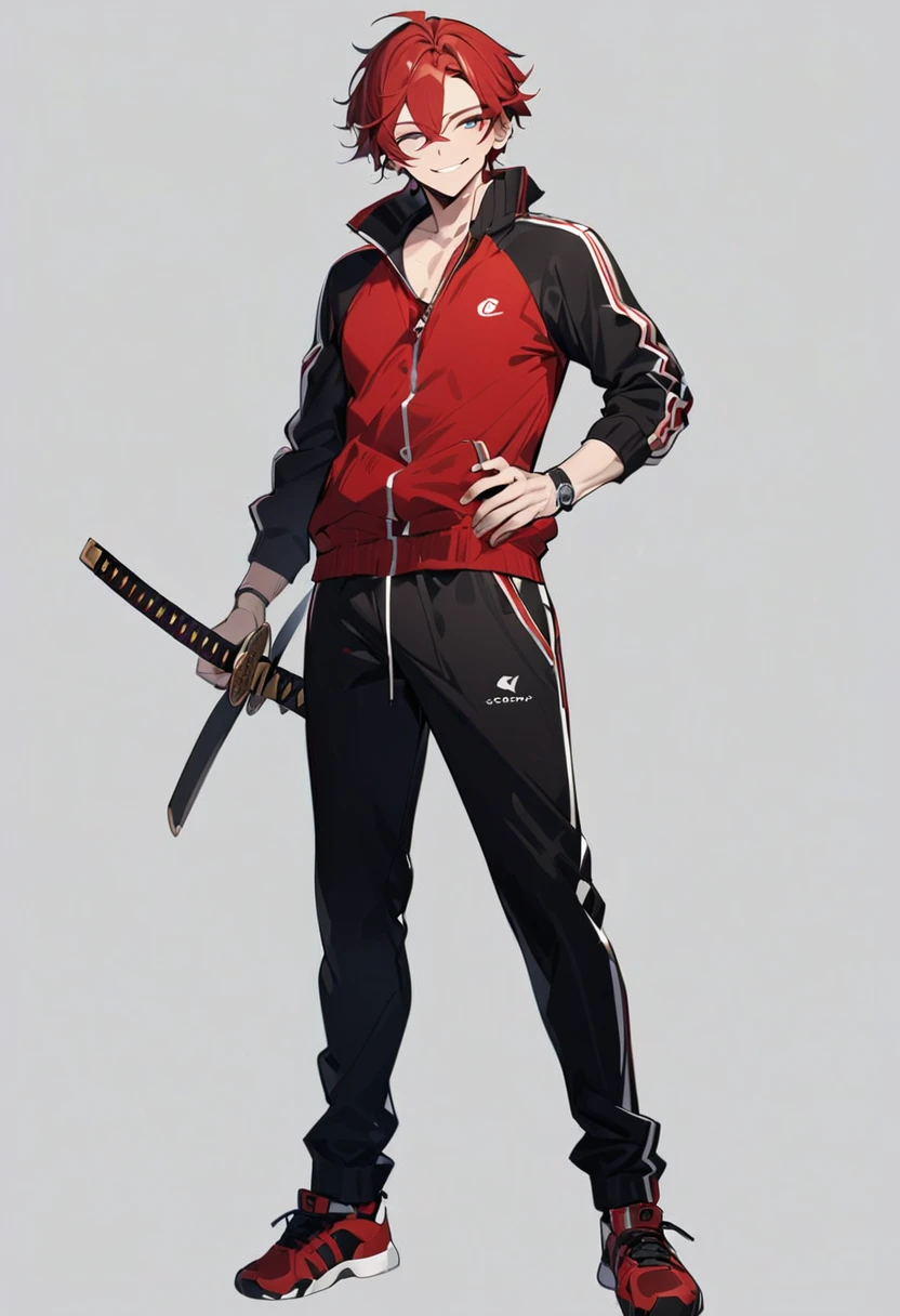 masterpiece, high quality,1 men, full body, standing, he is passionate man, smiling, red hair, ((simple background)), ((black Tracksuit)), ((katana)), Sanpaku eyes