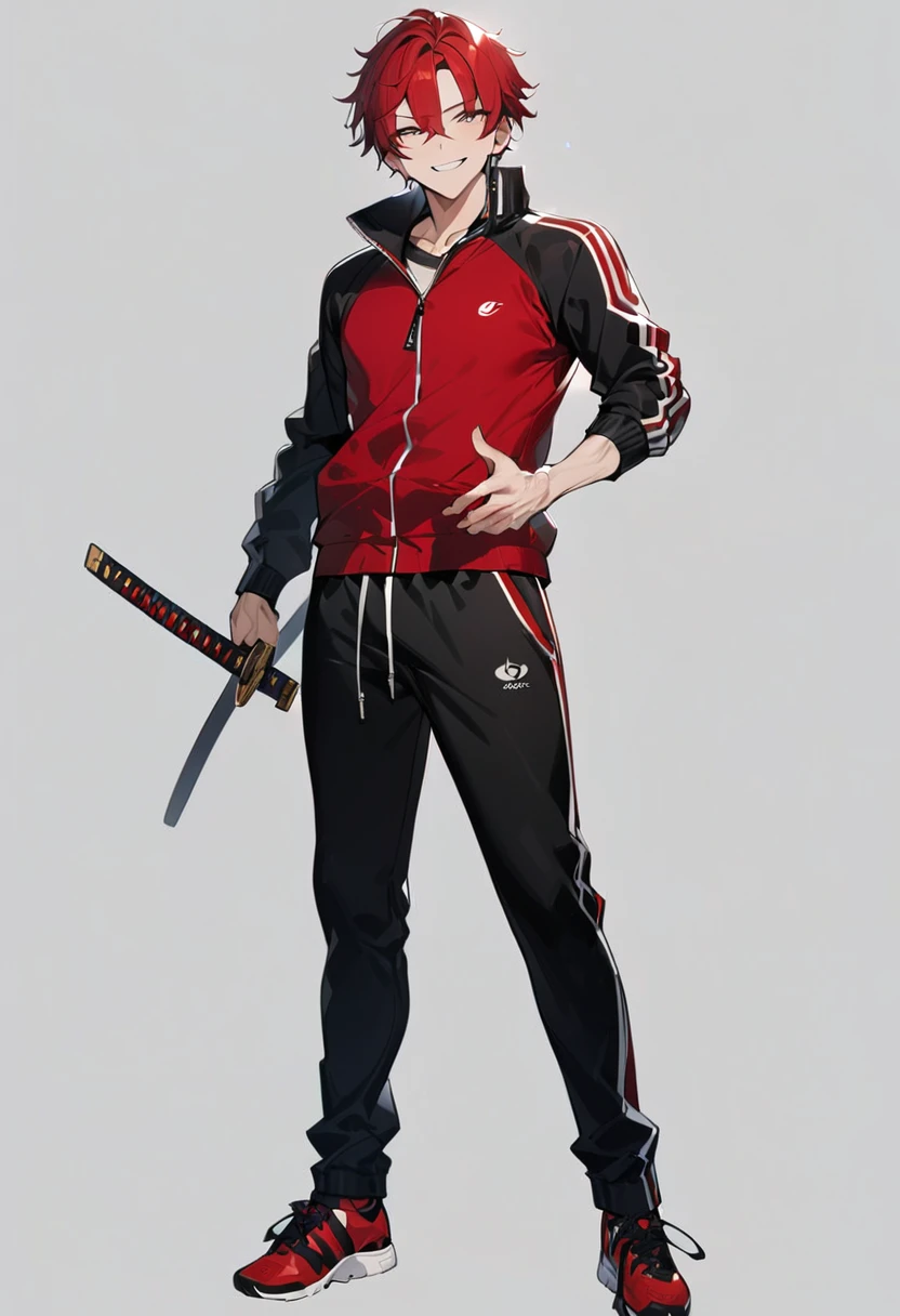 masterpiece, high quality,1 men, full body, standing, he is passionate man, smiling, red hair, ((simple background)), ((black Tracksuit)), ((katana)), Sanpaku eyes