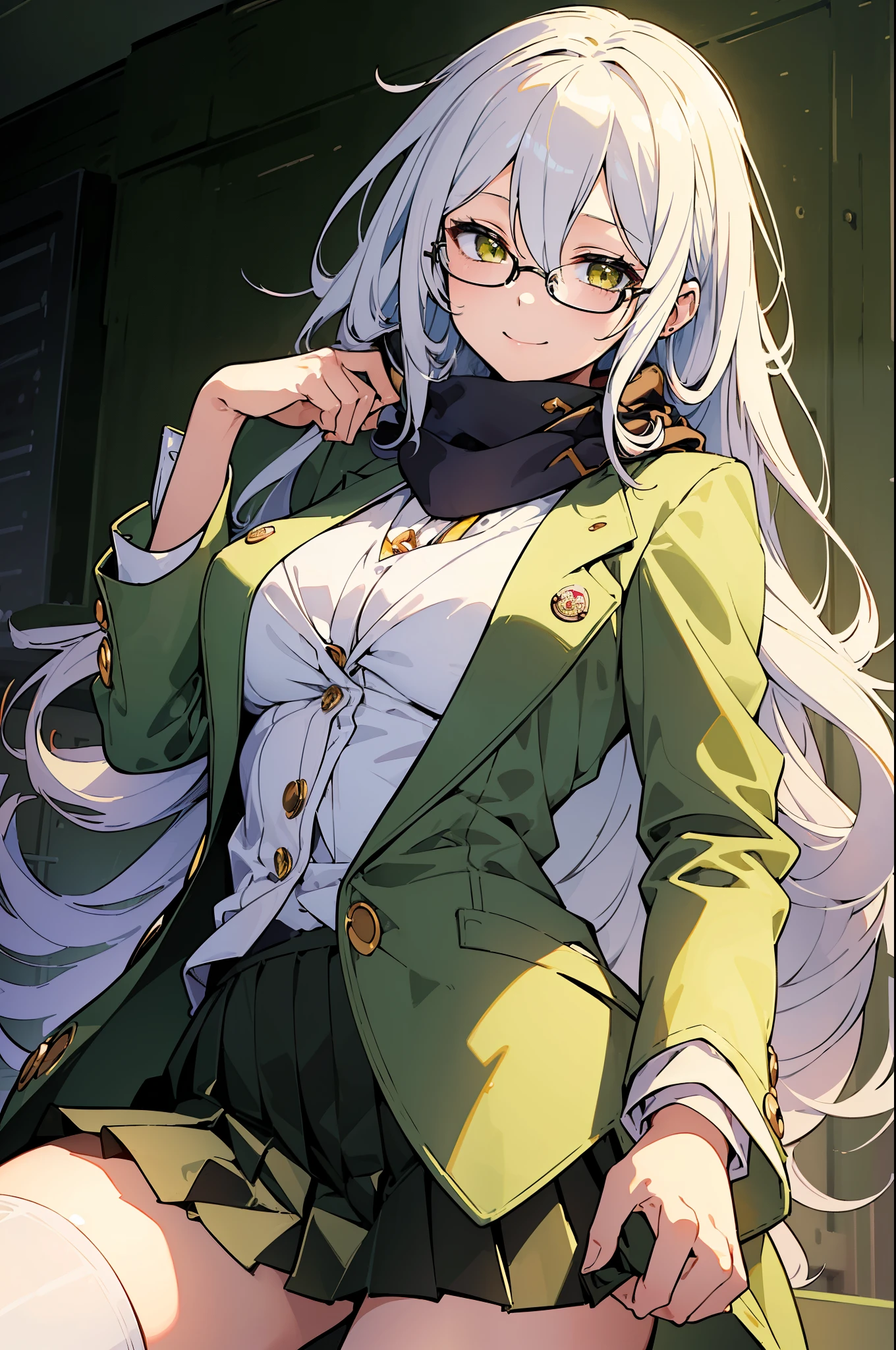 (best quality:1.3), (masterpiece:1.3), (illustration:1.3), (ultra-detailed:1.3), (mid shot:0.9), 1girl, long hair, white hair, (yellow eyes) large breasts, (((white shirt, green blazer))), glasses, warm smile, ((black pleated skirt)), highschool girl, long hair, hair between eyes, open clothes, jacket, stockings, scarf,