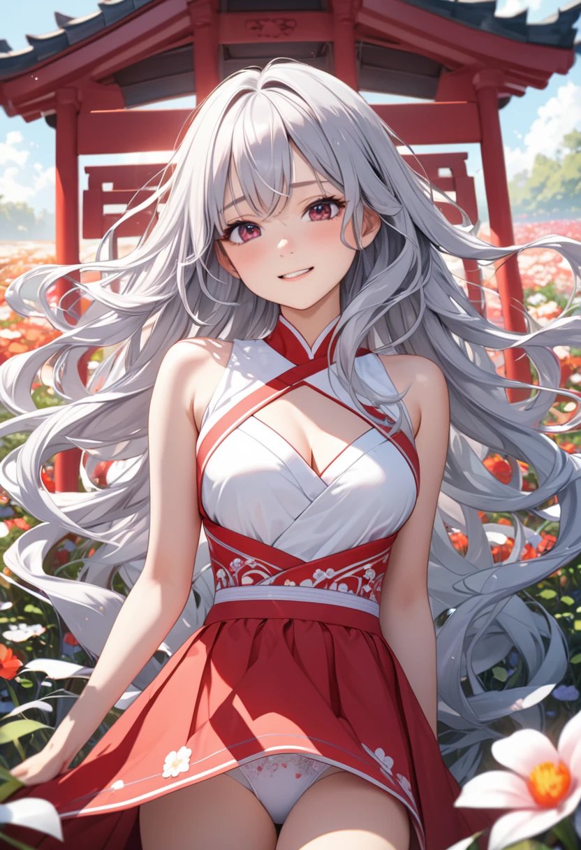 , ultra detailed, hyper detailed, best quality, highres, 4K, field of flowers, , looking at viewer, puzzled, happy, , shy, silver hair, very long hair, wave hair, gradient hair, tall, slender, beautiful breasts, shrine maiden outfit , red skirt, (upskirt), (panties), dappled sunlight,