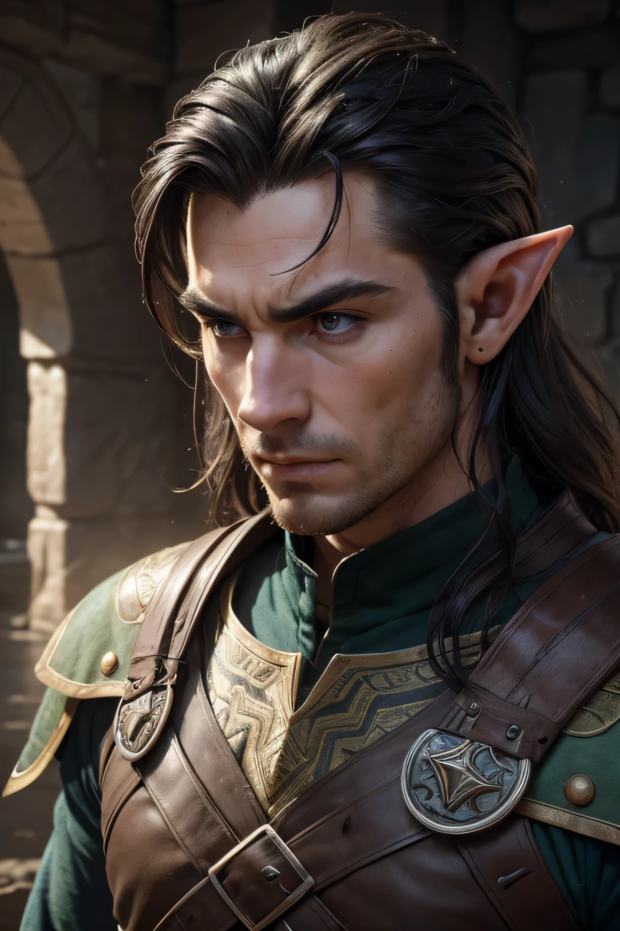 (8K, high definition, high quality, highly detailed) Handsome elf daddy. square jaw hunter eyes. squinted eyes. black hair. extreme brow arc. pale skin. headshot. wearing middle-earth tunic. looking away from the camera. dramatic lighting.