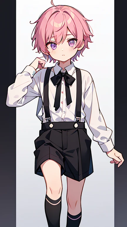 one boy,Pink hair,short cut,purple eyes,white shirt,black ribbon,black suspenders,white socks,Black sneakers