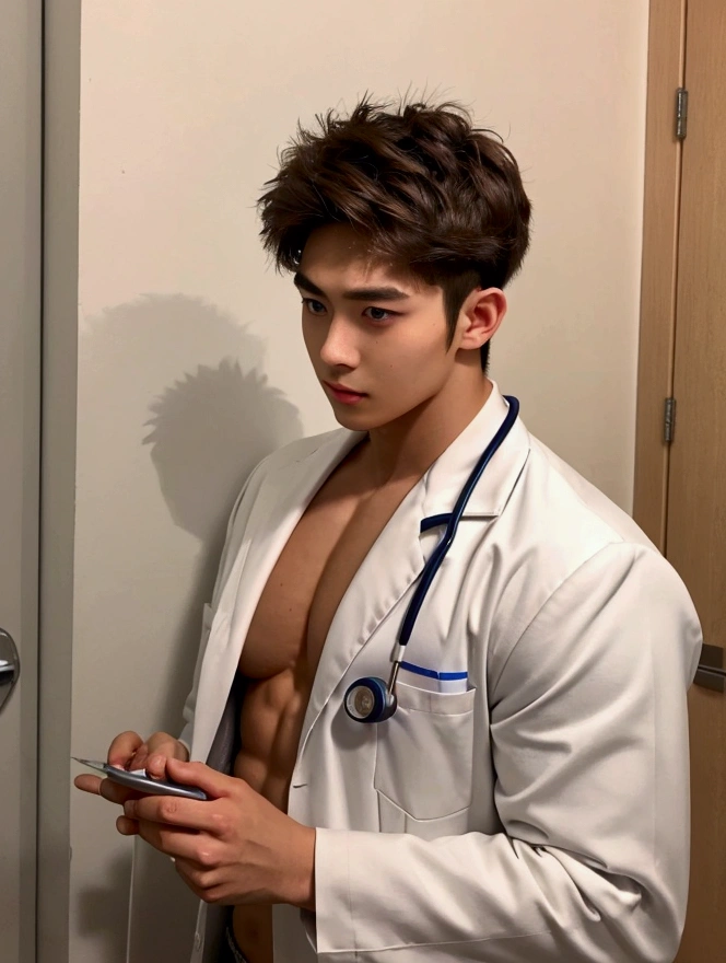 Medium shot,Medicine student,กอดอก ,2nd year , cool , masculine,big muscle, 22 year old,tan skin,(messy brown hair),soft facial hair,handsome , in university