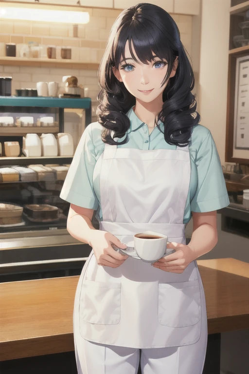 girl,Character design sheet,Beautiful attention to detail,Beautiful lip detail,Very detailed目と顔,Long eyelashes,Realistic,photoRealistic:1.37,Very detailed,Professional,Vibrant colors,Studio Lighting,Sharp focus,Physically Based Rendering,High resolution,超High resolution. blue eyes, Long Hair,Curly hair、Black Hair,Lower eyes,apron,White Shirt,Chino pants,smile、Coffee shop