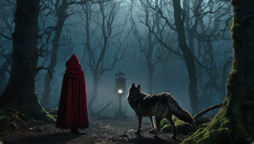The scene features a dark, dense forest with twisted, gnarled trees and a misty atmosphere. In the foreground stands a young girl with a tattered, dark red cloak, holding a lantern and looking determined. In the background, is a menacing wolf with glowing eyes.