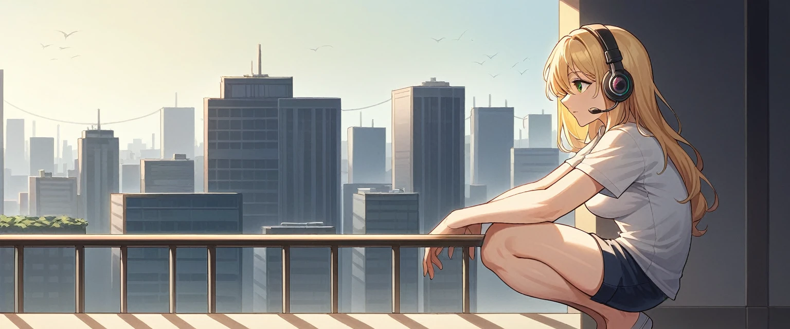 (masterpiece), (best quality, highres, highly-detailed, illustration), 1girl, solo, city, contemporary, profile picture closeup, blonde beige long hair, green eyes, beautiful detailed eyes, squatting, headphones, 8k, trending on ArtStation, featured on Pixiv