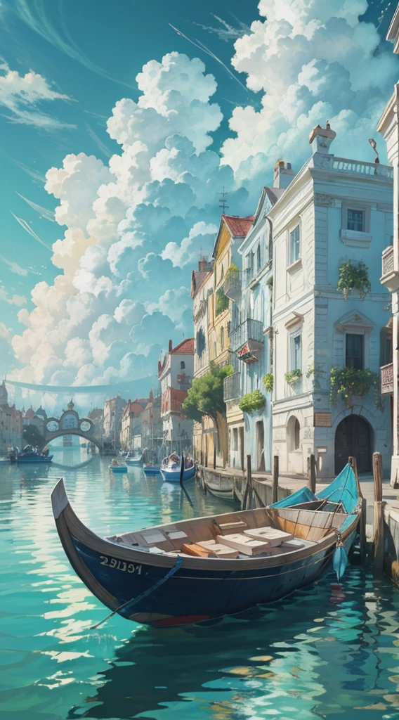 (Best quality, 8k, HD, wallpaper) , Aria the animation, (gondola) , (Vanis), wallpaper, white building background, blue water , white clouds in the background, fantasy style , pastel colors ,vivid colors