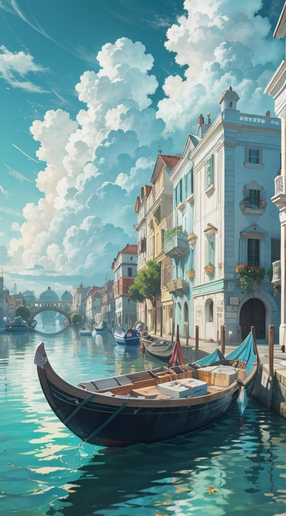 (Best quality, 8k, HD, wallpaper) , Aria the animation, (gondola) , (Vanis), wallpaper, white building background, blue water , white clouds in the background, fantasy style , pastel colors ,vivid colors