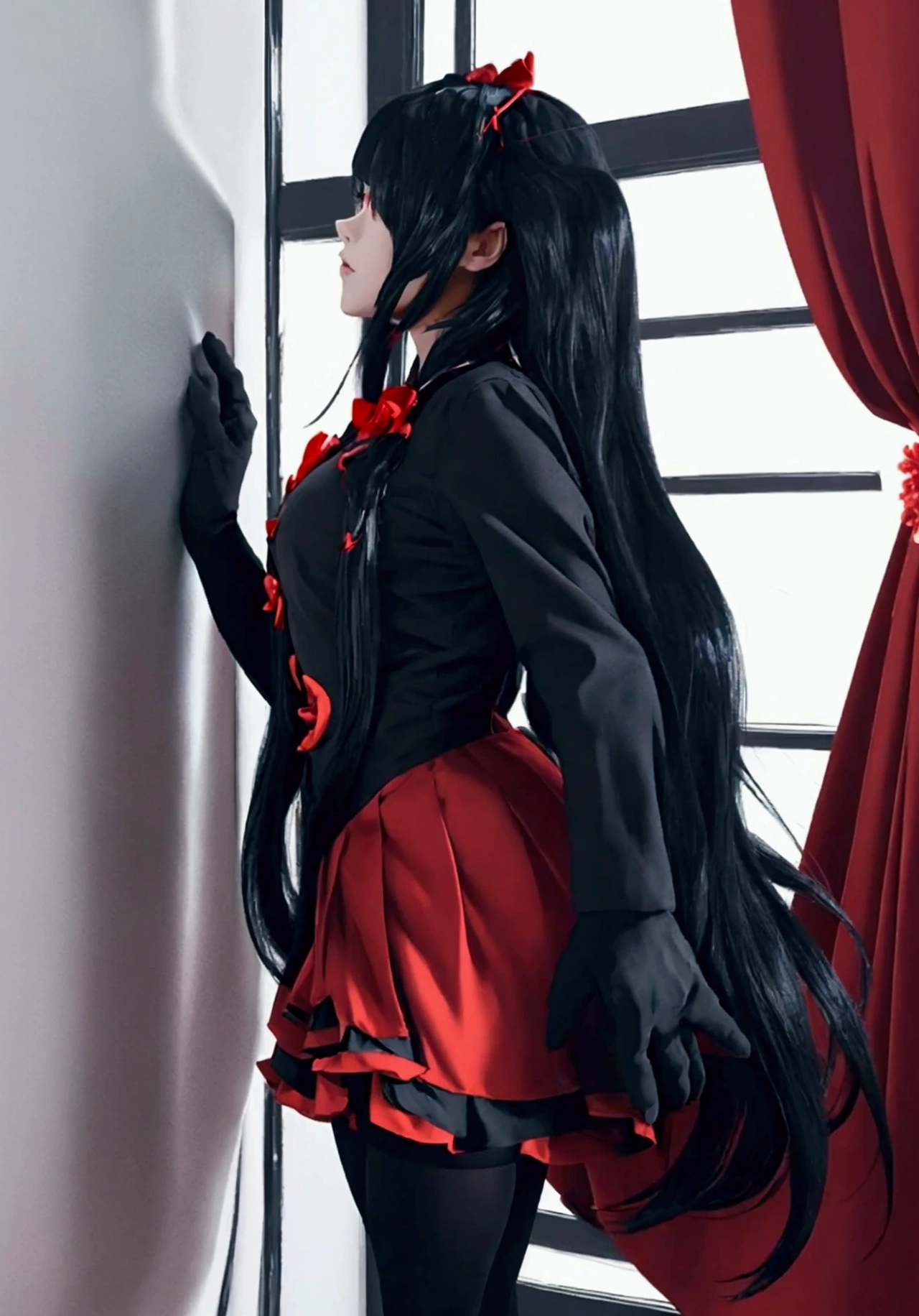 ultra-detailed, highly detailed, best quality, masterpiece, illustration, 
 This image is of an anime-style character in a provocative pose. The character has long dark hair adorned with red bows and flowers. She is wearing a black dress with ruffled details, and black stockings. The background appears to be a bright room with red curtains. The overall style is typical of anime art, with a focus on vibrant colors and detailed character design.