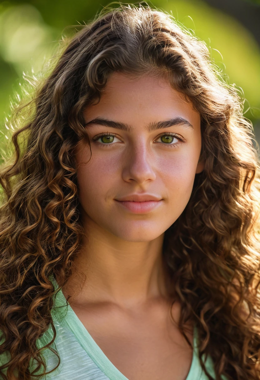 A photorealistic portrait of a 20-year-old Colombian girl with long, curly brown hair and striking green eyes. She should have a natural, approachable expression and be illuminated by soft, golden-hour sunlight. The background should be a scenic outdoor setting, perhaps a sunlit park or beach. Capture this image with a high resolution photograph using an 85mm lens for a flattering perspective