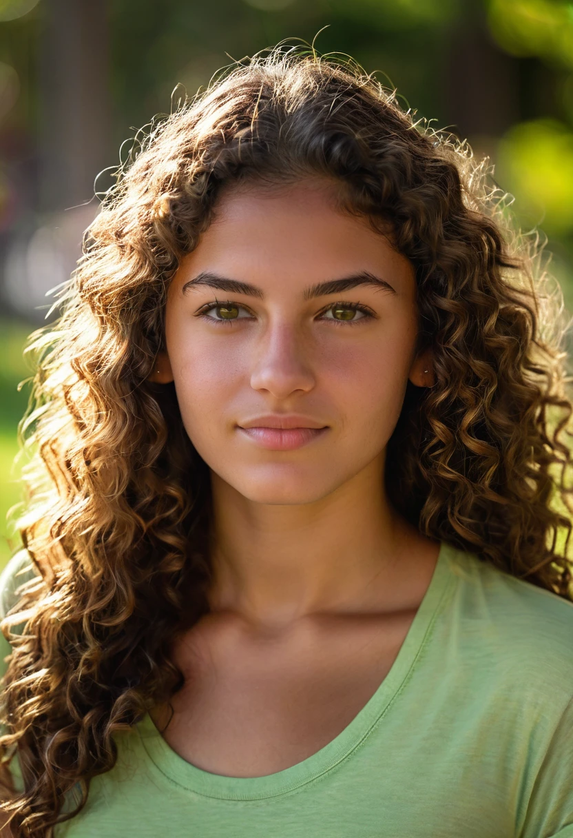 A photorealistic portrait of a 20-year-old Colombian girl with long, curly brown hair and striking green eyes. She should have a natural, approachable expression and be illuminated by soft, golden-hour sunlight. The background should be a scenic outdoor setting, perhaps a sunlit park or beach. Capture this image with a high resolution photograph using an 85mm lens for a flattering perspective