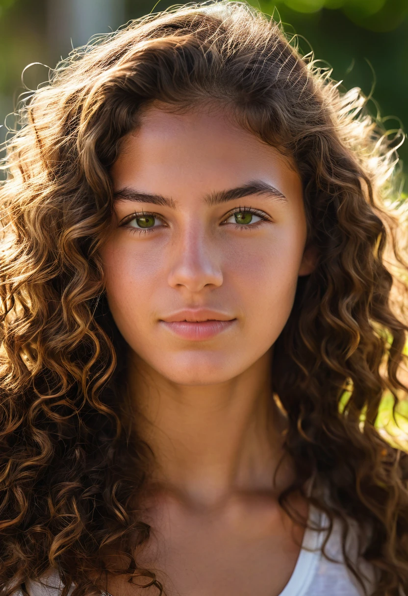 A photorealistic portrait of a 20-year-old Colombian girl with long, curly brown hair and striking green eyes. She should have a natural, approachable expression and be illuminated by soft, golden-hour sunlight. The background should be a scenic outdoor setting, perhaps a sunlit park or beach. Capture this image with a high resolution photograph using an 85mm lens for a flattering perspective