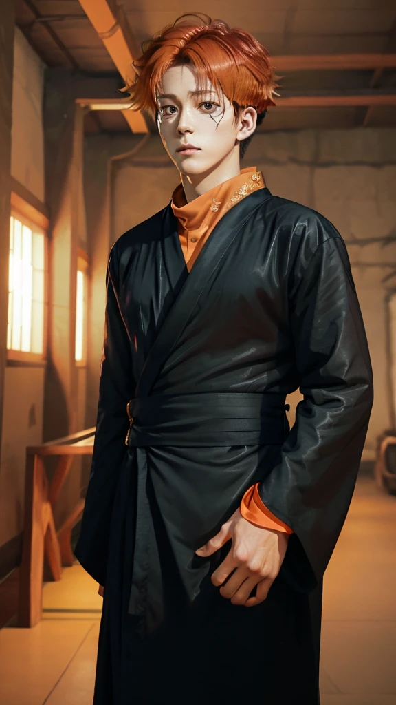 a man in the story series "belach" has dry orange hair, wears a skull mask with the name "kurosaki ichigo" wears a black kimono with UHD, 5D ANIME photo resolution quality.