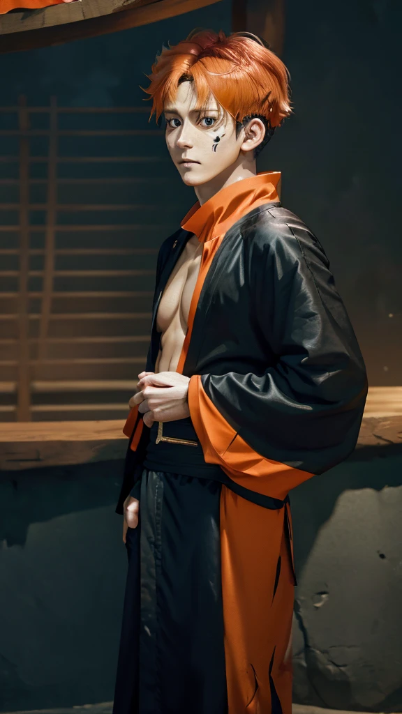 a man in the story series "belach" has dry orange hair, wears a skull mask with the name "kurosaki ichigo" wears a black kimono with UHD, 5D ANIME photo resolution quality.