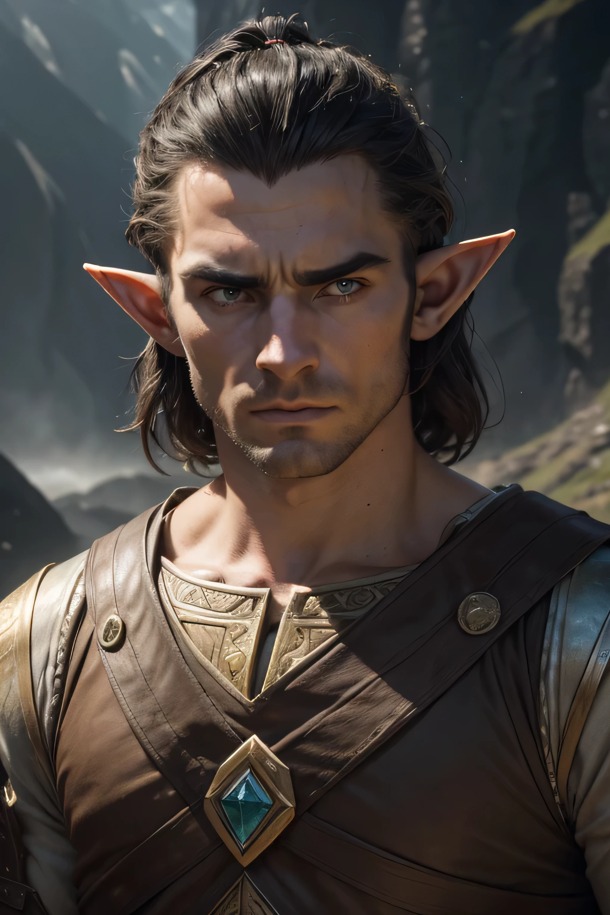 (8K, high definition, high quality, highly detailed) Handsome elf daddy. square jaw hunter eyes. squinted eyes. black hair. extreme brow arc. pale skin. headshot. wearing middle-earth tunic. looking away from the camera. dramatic lighting.
