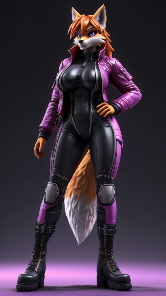 Skye from Paw Patrol, as a female fox, anthro, mature adult, long flowy orange hair, magenta iris, tall, muscular, massive female, curvy, techwear bodysuit, jacket, boots, standing, serious, detailed, solo, beautiful, high quality, clear background, precise, anime style, 3D figure, Unreal Engine 5, 4K
