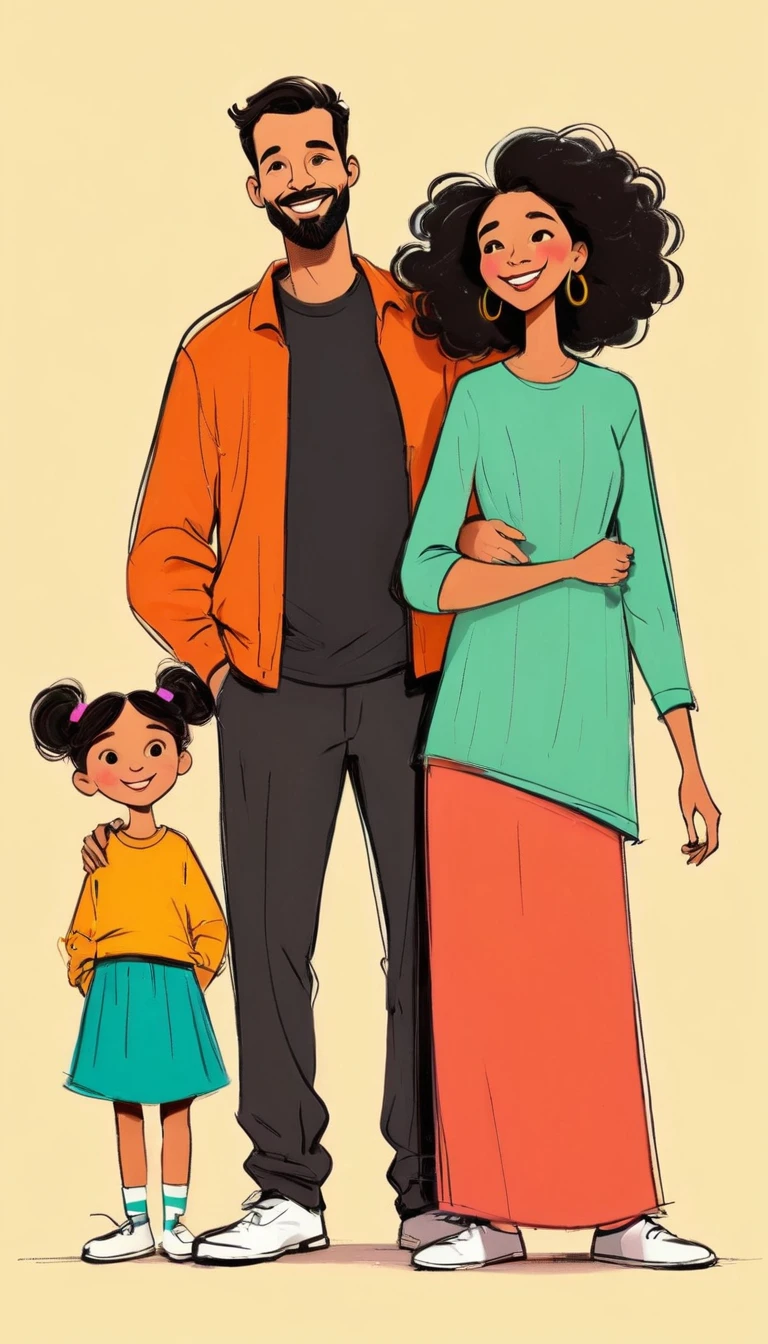 (((Exaggerated digital character sketches:1.37))).(Happy family,dad,Mother,elder brother,younger sister),(Black sketch lines,Loose brushstrokes create the outline,Cartoon Style. Bright colors and simplified lines, sketch)。(Exaggerated body movements),
