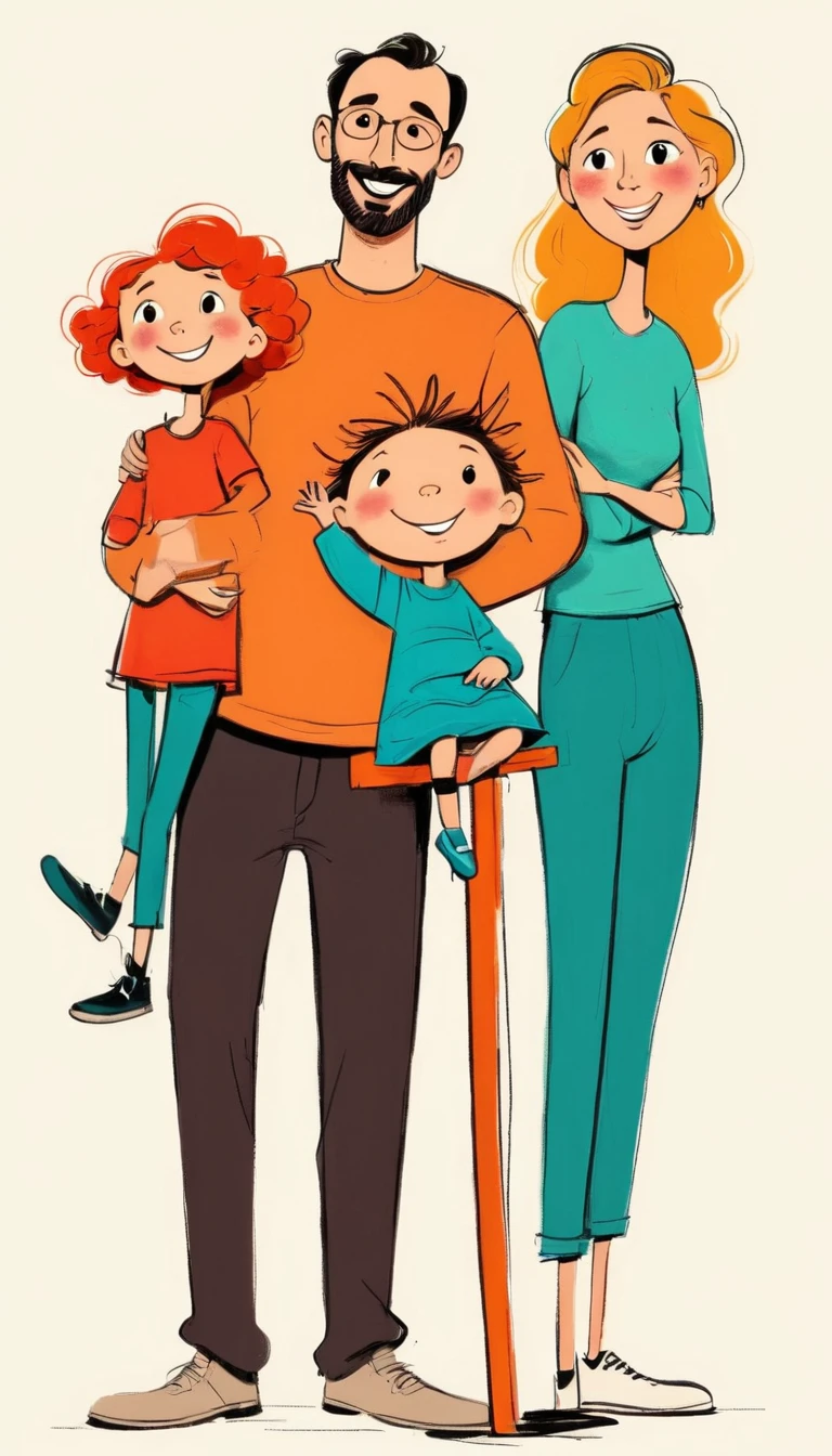 (((Exaggerated digital character sketches:1.37))).(Happy family,dad,Mother,elder brother,younger sister),(Black sketch lines,Loose brushstrokes create the outline,Cartoon Style. Bright colors and simplified lines, sketch)。(Exaggerated body movements),