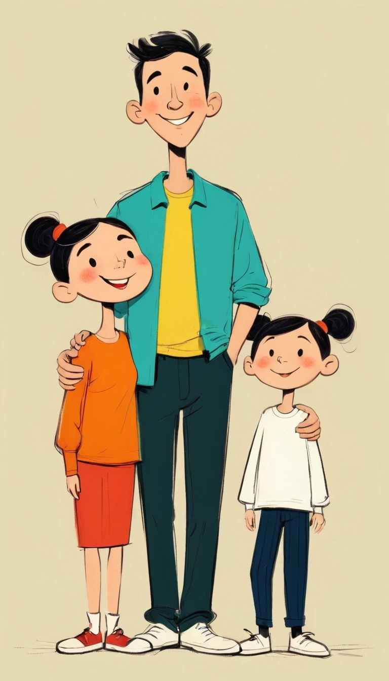 (((Exaggerated digital character sketches:1.37))).(Happy family，dad，Mother，elder brother，younger sister)，(Black sketch lines，Loose brushstrokes create the outline，Cartoon Style. Bright colors and simplified lines, sketch)。(Exaggerated body movements),