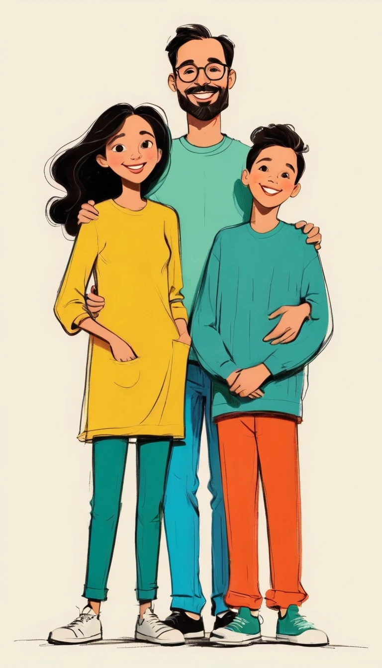 (((Exaggerated digital character sketches:1.37))).(Happy family,dad,Mother,elder brother,younger sister),(Black sketch lines,Loose brushstrokes create the outline,Cartoon Style. Bright colors and simplified lines, sketch)。(Exaggerated body movements),