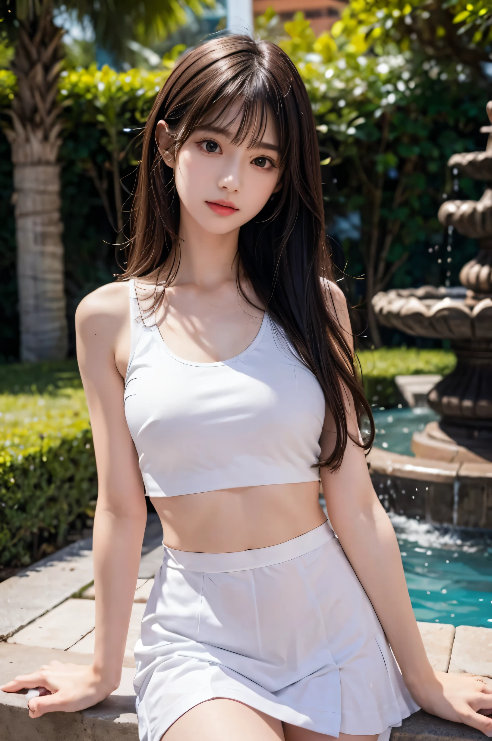 (ultra HD), (White tank top, Black tight mini skirt), Big Breasts, Slender, whole body, (Clean and shiny skin, Whitening, No makeup), (超Slenderな顔立ち, Super beautiful face, Delicate face), (long hair, Layered Cut, Fluffy hair,light brown), (Patchy double eyelids, Slanted Eyes), Small Nose, Thin lips, Thin legs, Park with a fountain