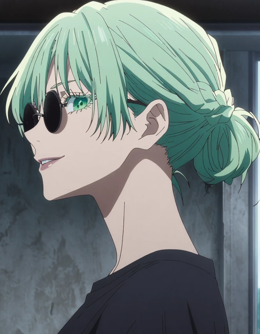 1girl, female gojo satoru, anime screencap from jujutsu kaisen, gojo satoru female version, solo, long_Green hair, hair strands, french braid, black round sunglasses, Green Eyes, parted_lips, smiling, looking_at_viewer, perfect background, indoors, side view, white_hair, bangs, eyelashes, portrait, black_shirt, shirt, hair_between_eyes, floating hair, (hair strands, french braid) ((shot from behind))