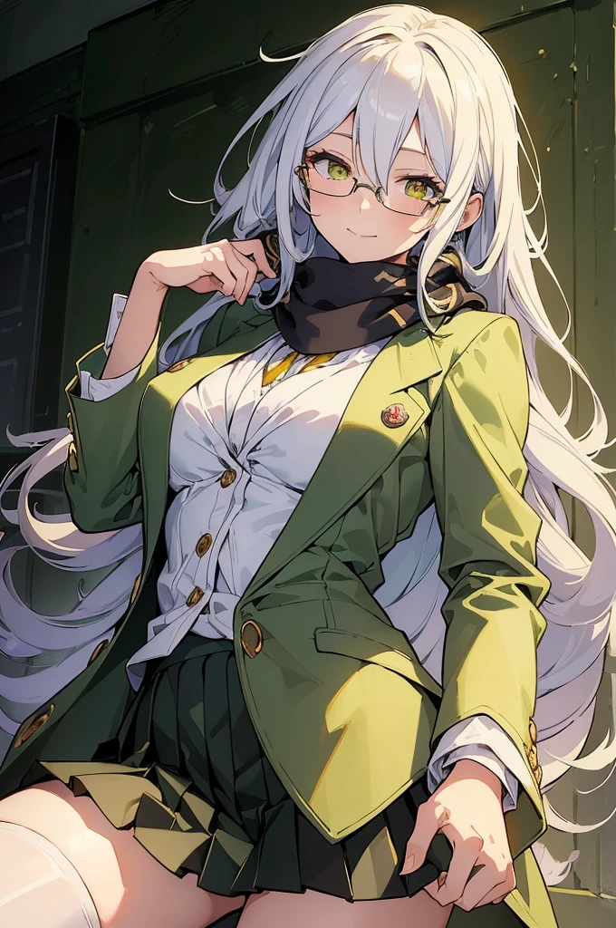 (best quality:1.3), (masterpiece:1.3), (illustration:1.3), (ultra-detailed:1.3), (mid shot:0.9), 1girl, long hair, white hair, (yellow eyes) large breasts, (((white shirt, green blazer))), glasses, warm smile, ((black pleated skirt)), high girl, long hair, hair between eyes, open clothes, jacket, stockings, scarf,