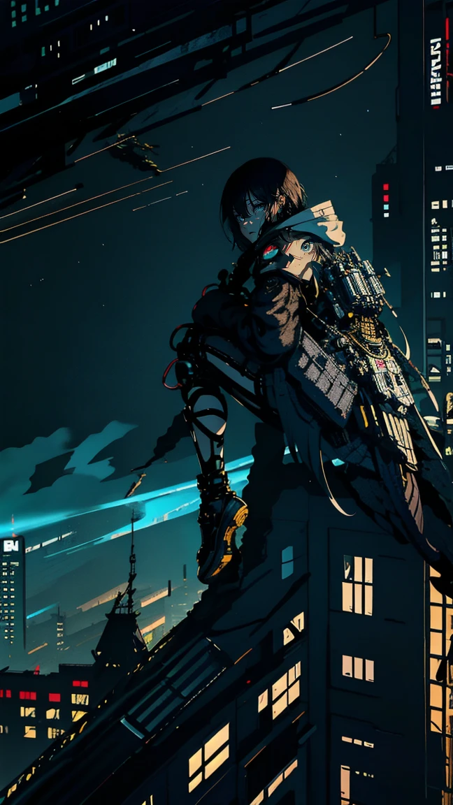 8k, CRU photo, highest quallity, work of art, very long shot, aerial view, cinematic lighting, beautiful eagle with exposed mechanical parts, metal penalties, and artificial eyes, She wears full cyberpunk armor. She flies through the futuristic landscape, breaking the skies