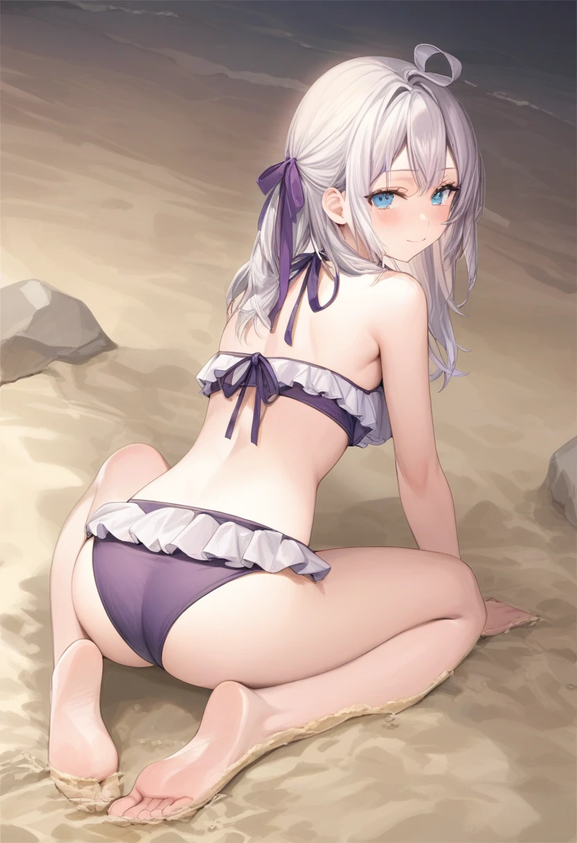 score_9,score_8_above,score_7_above, alya, light smile,Alone, long white hair, medium chest, wearing a sexy purple ruffled bikini, resting in the sand, back view, looking back, Stretched legs, Feet together, perfect legs,