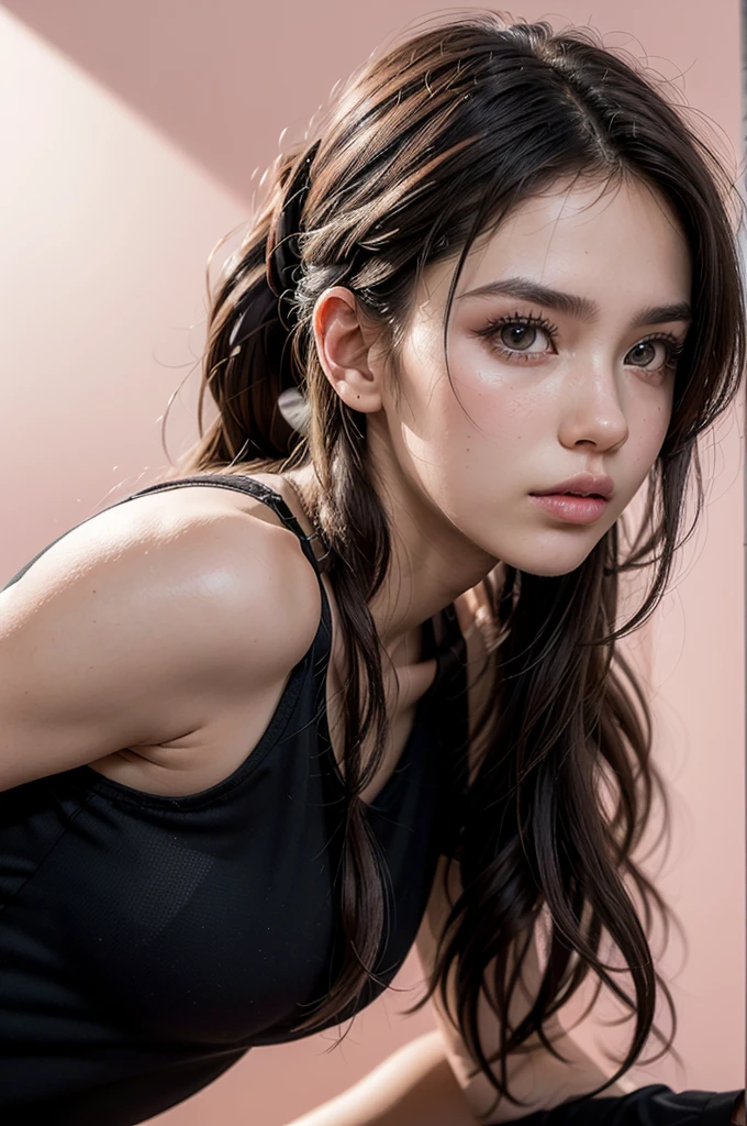 ((ultra realistic), ((detailed realistic)), ((sportswear)), ((Whole body)) seductive face, focus on the eyes and hair, brown wavy hair, dark skin tone, 19 year old mexican girl, large eyes, medium tits, big lips, neckline, sportswear, top shirt, pans negros, black shirt, pose like a supermodel, braids hairstyle, pov looking from side, detailed eyes, detailed hair, 18 years, natural light, Pink background, in the gym in the background, Whole body, brown nipples, girl exercising turning to camera
