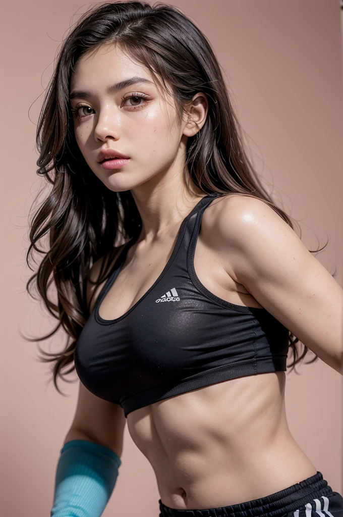 ((ultra realistic), ((detailed realistic)), ((sportswear)), ((Whole body)) seductive face, focus on the eyes and hair, brown wavy hair, dark skin tone, 19 year old mexican girl, large eyes, medium , big lips, neckline, sportswear, top shirt, pans negrlack shirt, pose like a supermodel, braids hairstyle, pov looking from side, detailed eyes, detailed hair, 18 years, natural light, Pink background, in the gym in the background, Whole body, brown nipples, ercising turning to camera