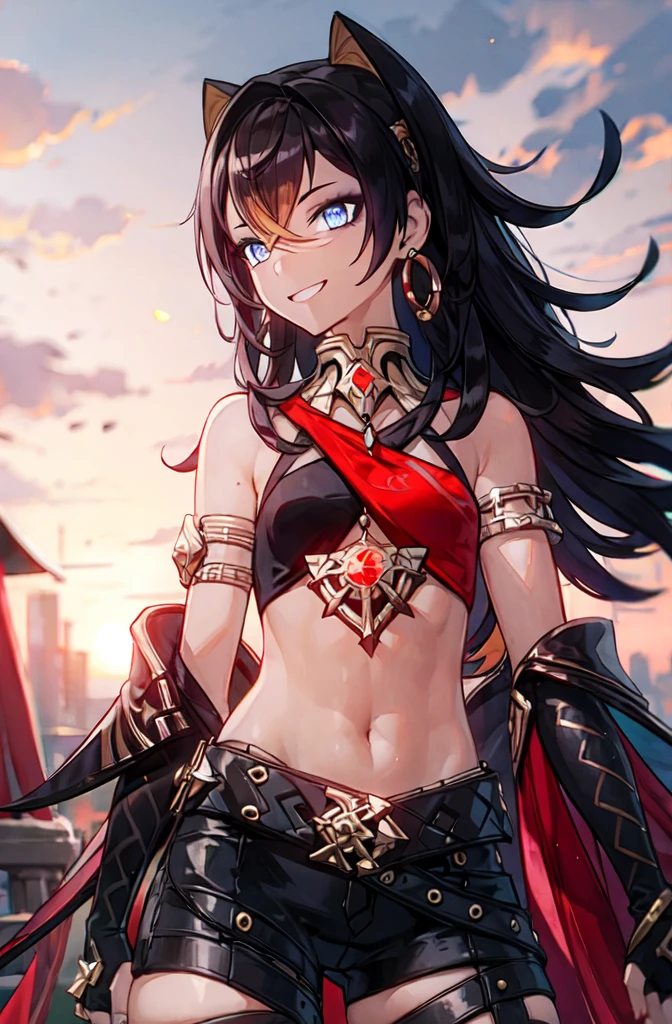(masterpiece:1.2), (dark skin), (solo:1.2), (female:1.1), (emphasis lines:1.3), brown hair, bare shoulders, outdoors, smile, long hair, navel, armbands, (hair vents:1.3), belts, shorts, (desert)