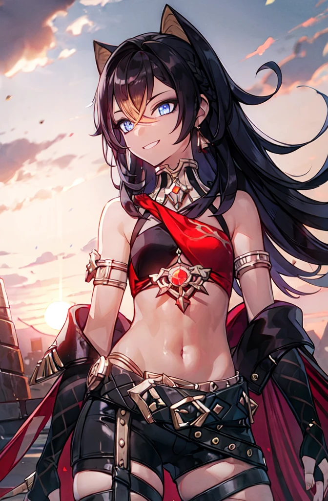 (masterpiece:1.2), (dark skin), (solo:1.2), (female:1.1), (emphasis lines:1.3), brown hair, bare shoulders, outdoors, smile, long hair, navel, armbands, (hair vents:1.3), belts, shorts, (desert)