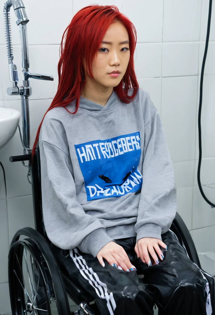 Uhd, photo of Cami, subject: Noriko, 1/2 Japanese 1/2 Hainu skinny girl in 2/00 a large wheelchair with wet long red hair and head resting on a Hairdressing Sink, blue+++ eyes, oval face, LGBTQIA+, queer, punk style, wearing grey tracksuit treasures and black t-shirt, tattooes. Background: hairdressers' studio.