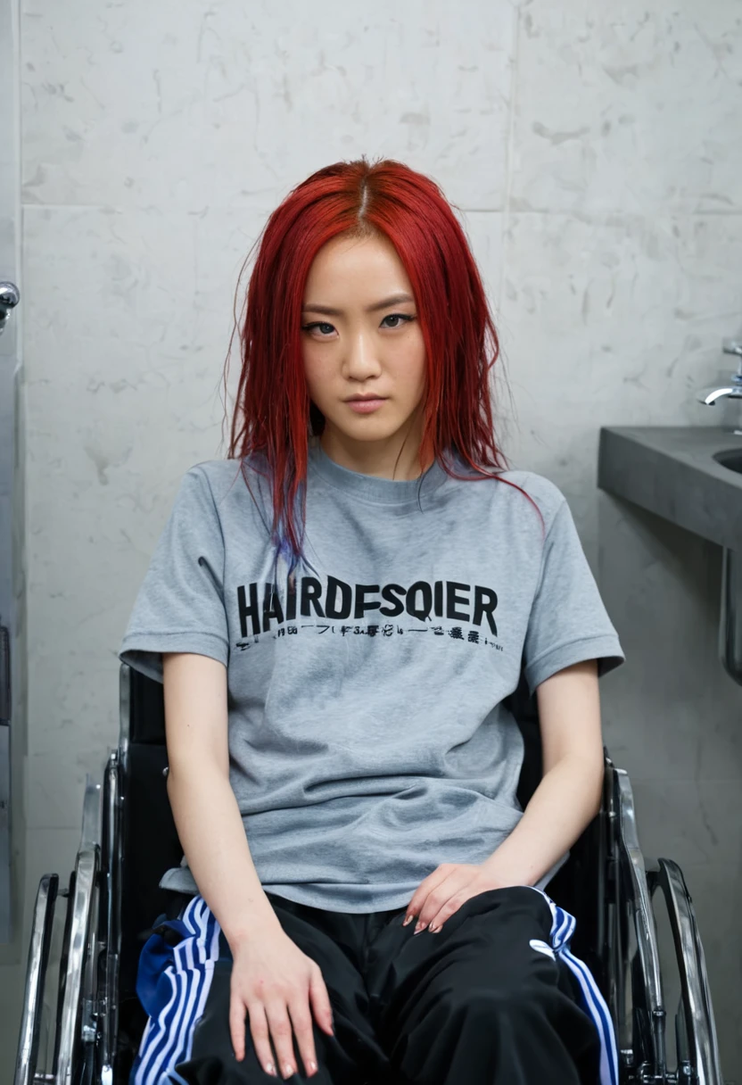 Uhd, photo of Cami, subject: Noriko, 1/2 Japanese 1/2 Hainu skinny girl in 2/00 a large wheelchair with wet long red hair and head resting on a Hairdressing Sink, blue+++ eyes, oval face, LGBTQIA+, queer, punk style, wearing grey tracksuit treasures and black t-shirt, tattooes. Background: hairdressers' studio.