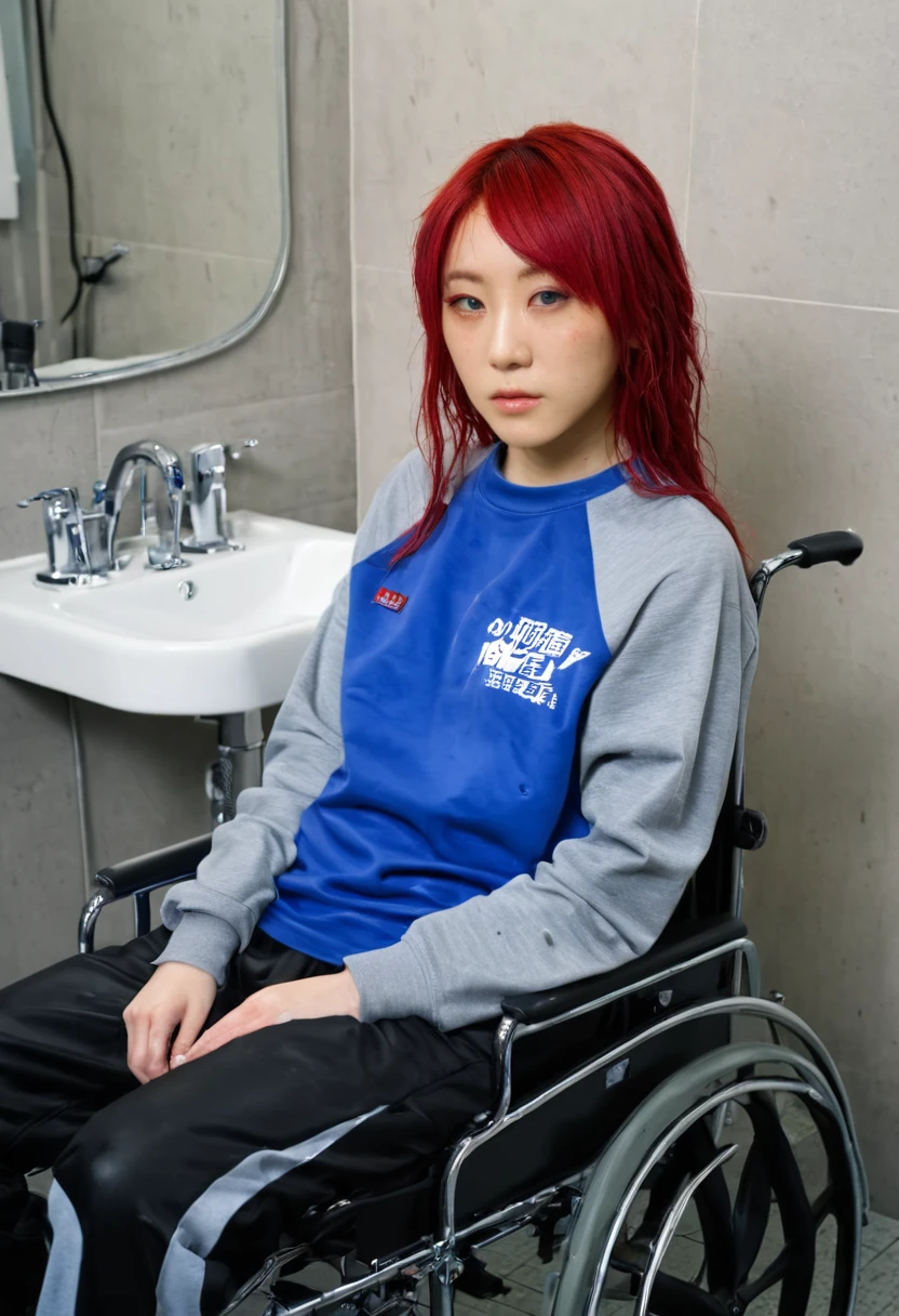Uhd, photo of Cami, subject: Noriko, 1/2 Japanese 1/2 Hainu skinny girl in 2/00 a large wheelchair with wet long red hair and head resting on a Hairdressing Sink, blue+++ eyes, oval face, LGBTQIA+, queer, punk style, wearing grey tracksuit treasures and black t-shirt, tattooes. Background: hairdressers' studio.
