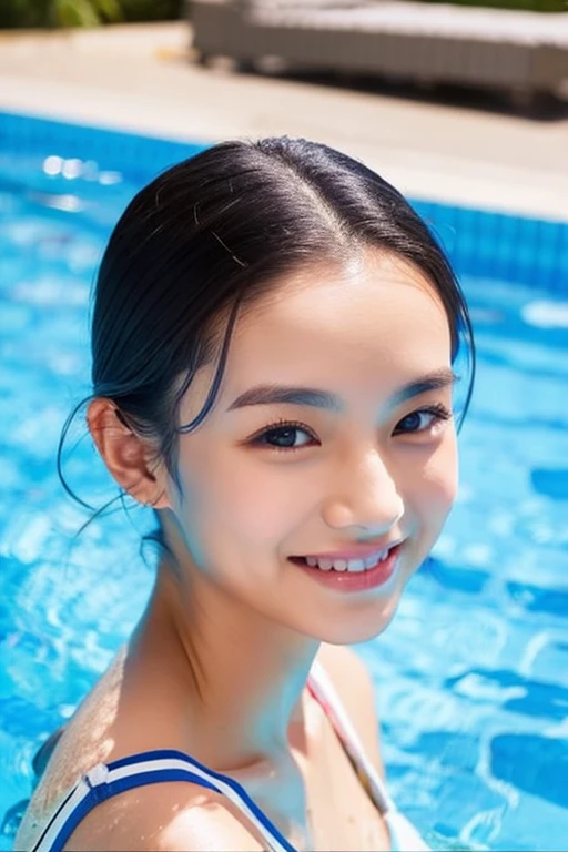 A beautiful teenage girl of Asian descent is standing in the shallow part of a privately owned swimming pool before swimming. She is smiling, she looks happy and content. She is facing at the front. She has beautiful long black hair. She is wearing a blue one-piece swimsuit with a tropical pattern. She has a fair complexion.
Her black hair is long and straight.
She has a wide forehead with a slightly rounded hairline.
Her eyebrows are dark and straight.
She has almond-shaped eyes.
Her nose is small and straight.
She has a rounded face with full cheeks.
Her lips are full, and she is smiling slightly.