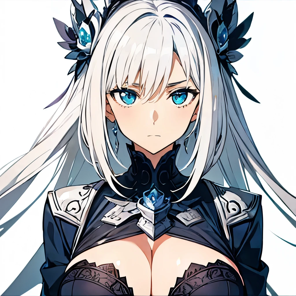 big tits, 1girl, at school, white background, silver hair, blue eyes, emotionless, detailed face, view at camera, cleavage, school unifom, upperbody, view from far,