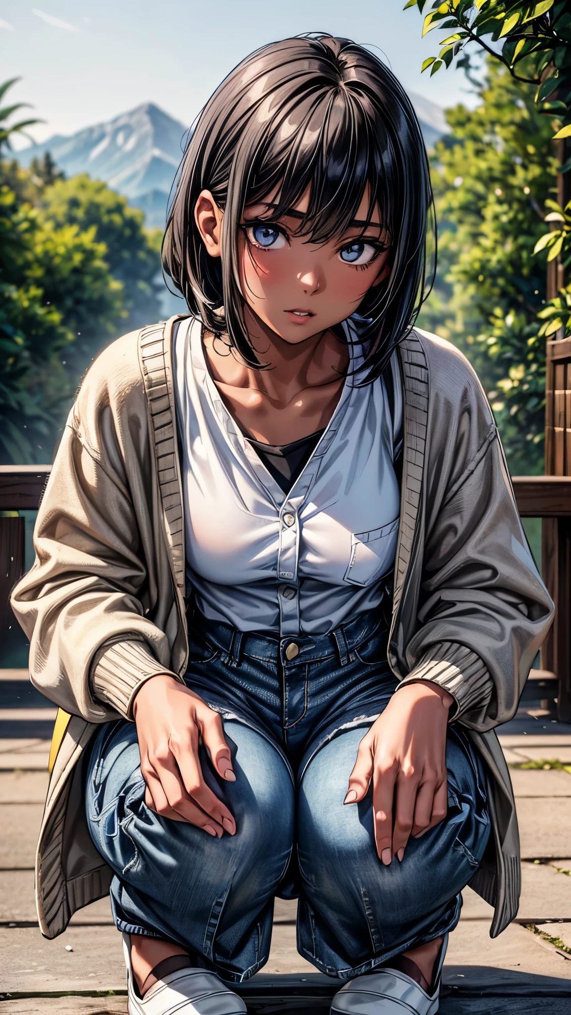 ((look away2.0)),((face close up)),beautiful detailed eyes, beautiful detailed lips, extremely detailed eyes and face, longeyelashes, 1 Japanese girl, outside the countryside,16 years old,((dark skin color2.0)), (very short black hair),displeased,casual ((white shirts),((long cardigan)),((denim long pants)),((high-waist pants)),blue sneaker, rucksack, squatting,best quality, 4k, 8k, highres, masterpiece:1.2, ultra-detailed, realistic, photorealistic, photo-realistic:1.37, HDR, UHD, studio lighting, ultra-fine painting, sharp focus, physically-based rendering, extreme detail description, professional, vivid colors, bokeh, portraits