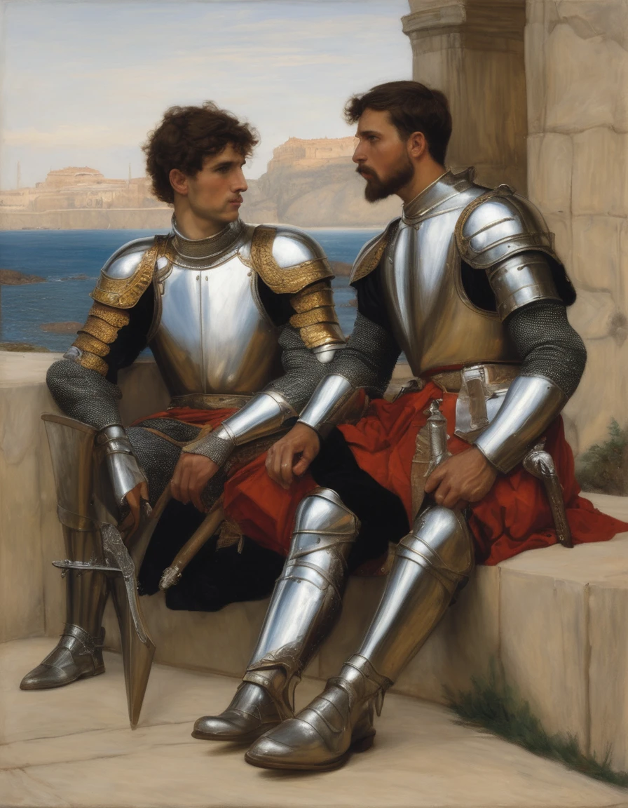 ((Masterpiece, best quality, oil painting, male focus)), ((by James Tissot, John William Waterhouse, J. C. Leyendecker)), (((the half body reclined portrait of 2 male knights, buzzcut, they are lovers staring each other, tense, bored and frustrated, blushing, sullen, holding hands)))