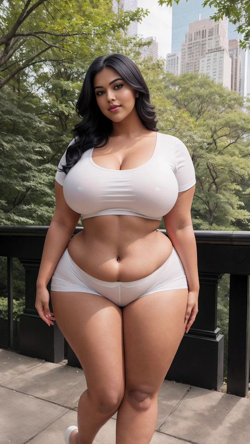 swastika mukharjee Indian beautiful woman curvy plus size hour glass bulky huge figure woman, closeup camera view, big huge m-cup breast, wearing Girls' Printed Simple Basic Round Neck Short Sleeve T-Shirt
Color: White , covered Bust , elegant standing position, eye contact view, different style hairstyle, bright eyes, thin eyebrows, fair skin, blushing cheeks, prefect head to toe view, full body, ideal for high-fashion or editorial shoots, ultra realistic skin texture, head to toe view, full body shot, full body view, smile face, black hair, Indian face, perfect skin tone light, ultra realistic skin texture, bigger waist, busty, big hips, fleshy thighs, thick thighs, busty, full body view, Central Park, New York City, USA: Lush greenery amidst the urban skyline.