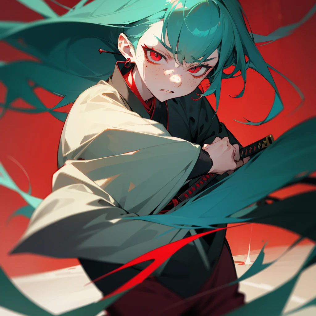 A anime man, long hair of turquoise hair color, crimson eye pupil, red earrings, with kimono clothe of black ,left eye closed, serious expression, pale skin, freckles in the face, a katana in your hand, blood in hurted face, blood around, young, cutted face, battle pose.