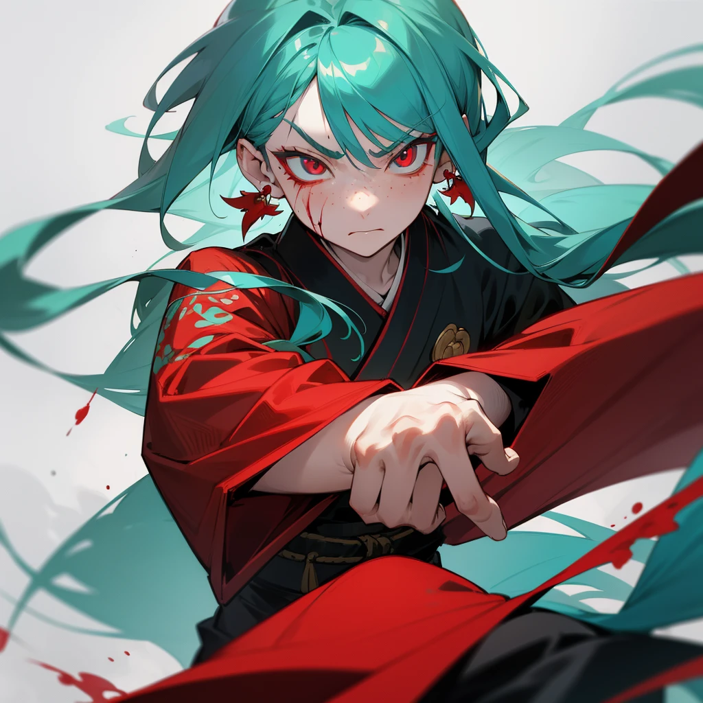 A anime man, long hair of turquoise hair color, crimson eye pupil, red earrings, with kimono clothe of black ,left eye closed, serious expression, pale skin, freckles in the face, a katana in your hand, blood in hurted face, blood around, young, cutted face, battle pose.
