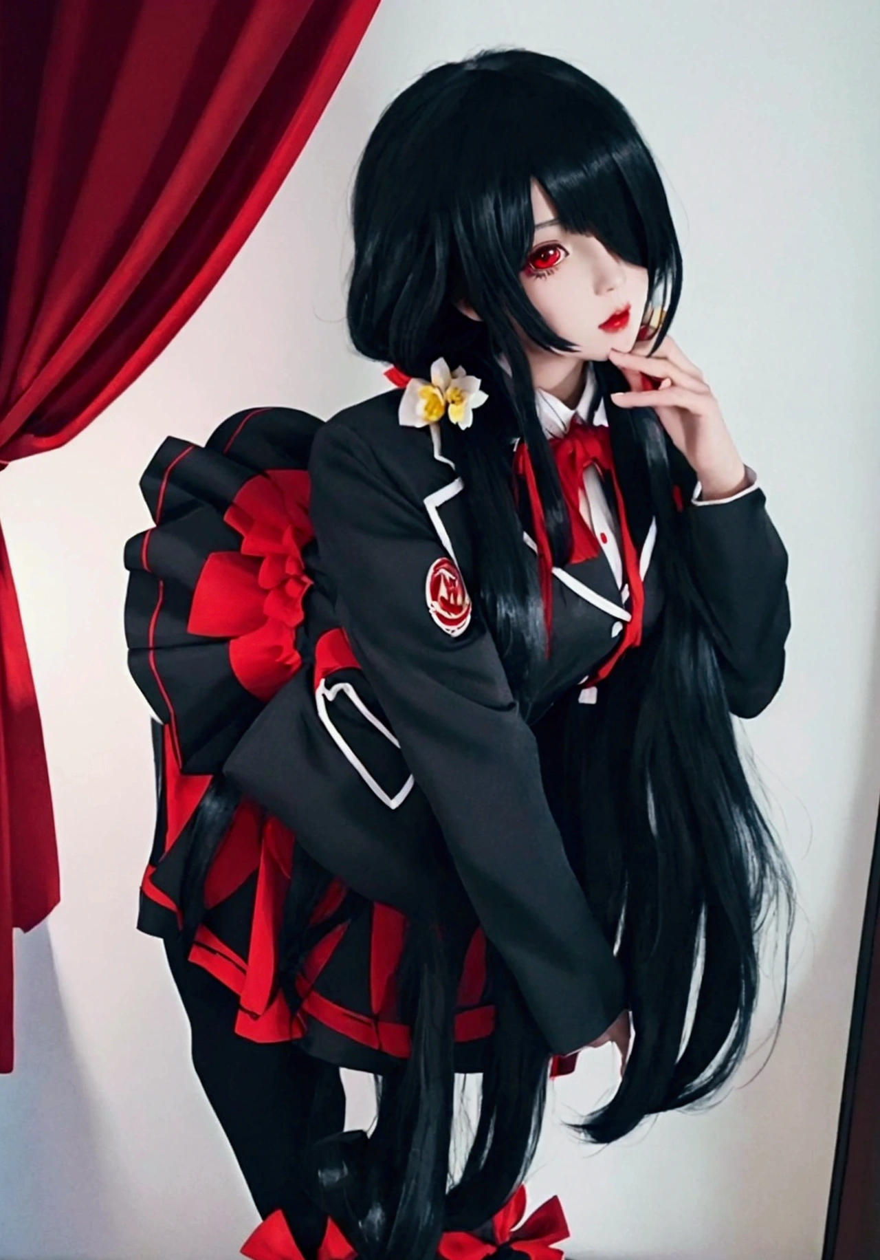 ultra-detailed, highly detailed, best quality, masterpiece, illustration, 
 This image is of an anime-style character in a provocative pose. The character has long dark hair adorned with red bows and flowers. She is wearing a black dress with ruffled details, and black stockings. The background appears to be a bright room with red curtains. The overall style is typical of anime art, with a focus on vibrant colors and detailed character design.