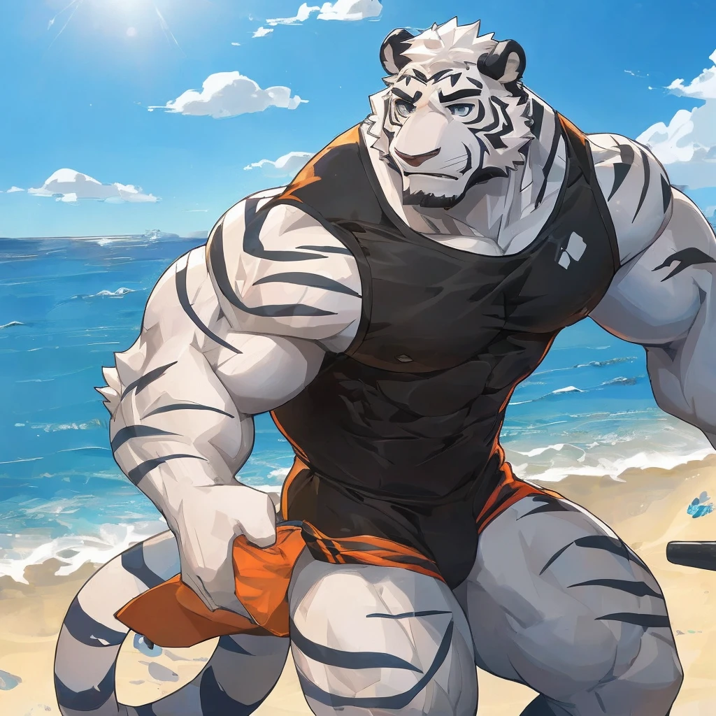 masterpiece,best quality,Beach,ocean,Sunlight,Male focus,Tiger-type orcs,(sports:1.5), (White fur,Black eyebrows:1.5), Agate Eye,Black Nose,Five fingers,Strong body,Pectoralis major,Eight-pack abs,Exposes the pectorals and abs,Transparent swimsuit,Stripe symmetry