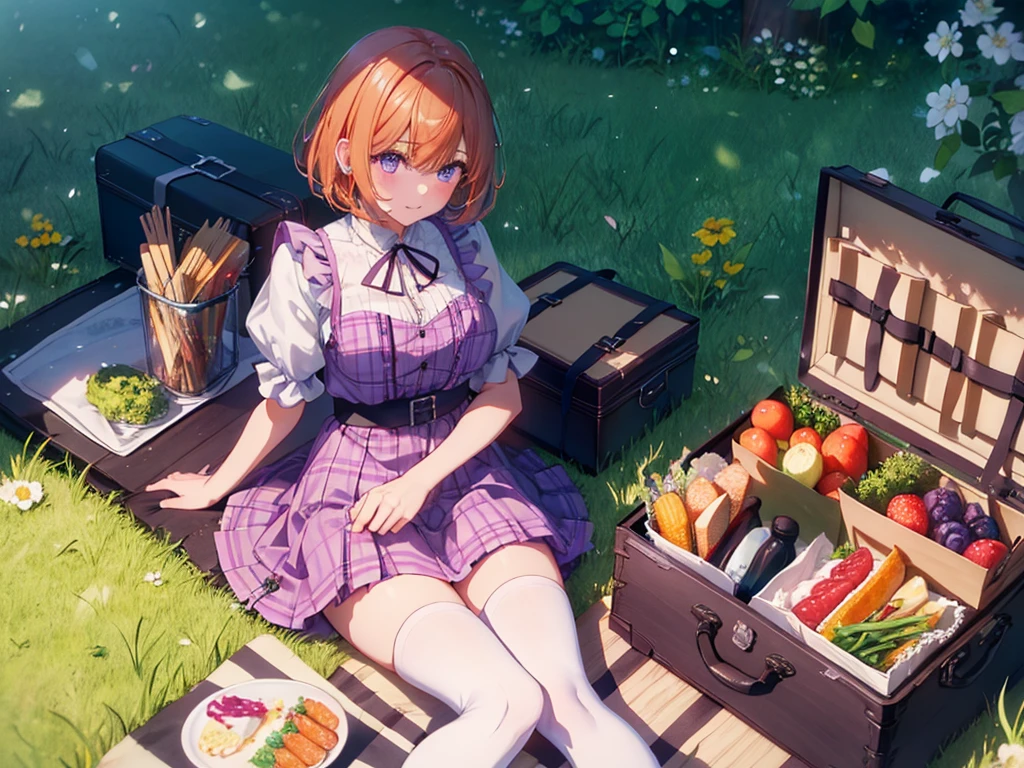 Woman lying on her back in the grass, (Recall,food:1.3),(picnic:1.3),basket, Elf Ears, Park with a view, Highest quality, grassland park, blue sky, hiking, Best image quality,Perfect Anatomy,masterpiece,Ultra-detailed,beautiful,super high quality, Highest quality,High resolution, Very detailed,Game CG,Dutch Angle ,beautiful細部までこだわった目,Visual Arts,Five Fingers, Perfect hands,Hide your hands, {{{One Girl}}}, beautiful詳細な女の子, Game CG, Spring flower, One curl on the outside, Short Bob Hair, Pastel orange hair, Purple eyes,Stylish accessories solo, breast enhancement, Medium Shoot, woman, Take-out, Laughter, huge ,,Pastel green checkered mini skirt,Black knee-highs, {{{{{Wearing a pastel green camisole}}}}},Open your mouth, wonderful, beautiful細部までこだわった目, Highest quality, Very delicate,Masseter muscle area,Highest quality,(Official Art、Highest quality、Unity 8k wallpaper、32K、masterpiece、Ultra-detailed、超High resolution、Realistic、Photorealistic:1.2)、(Cinema Lighting:1.2)、Fire Glow Effect、The most grainy shadows on the film、Side light、Side Shot、(Ultra-detailedで複雑な3Dレンダリング)、Atelier Series, Multiple Girls