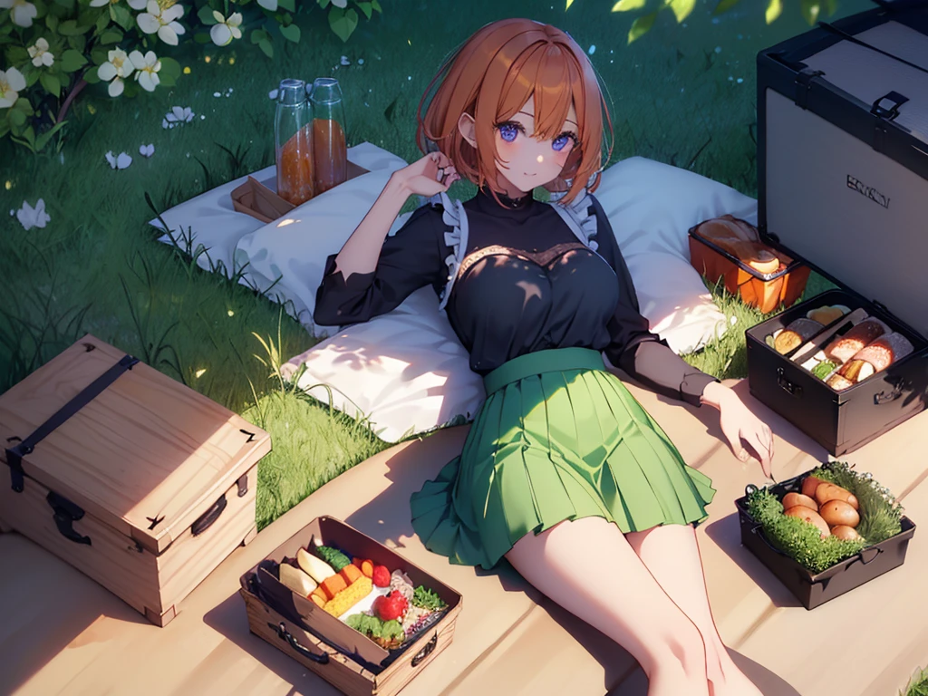 Woman lying on her back in the grass, (Recall,food:1.3),(picnic:1.3),basket, Elf Ears, Park with a view, Highest quality, grassland park, blue sky, hiking, Best image quality,Perfect Anatomy,masterpiece,Ultra-detailed,beautiful,super high quality, Highest quality,High resolution, Very detailed,Game CG,Dutch Angle ,beautiful細部までこだわった目,Visual Arts,Five Fingers, Perfect hands,Hide your hands, {{{One Girl}}}, beautiful詳細な女の子, Game CG, Spring flower, One curl on the outside, Short Bob Hair, Pastel orange hair, Purple eyes,Stylish accessories solo, breast enhancement, Medium Shoot, woman, Take-out, Laughter, huge ,,Pastel green checkered mini skirt,Black knee-highs, {{{{{Wearing a pastel green camisole}}}}},Open your mouth, wonderful, beautiful細部までこだわった目, Highest quality, Very delicate,Masseter muscle area,Highest quality,(Official Art、Highest quality、Unity 8k wallpaper、32K、masterpiece、Ultra-detailed、超High resolution、Realistic、Photorealistic:1.2)、(Cinema Lighting:1.2)、Fire Glow Effect、The most grainy shadows on the film、Side light、Side Shot、(Ultra-detailedで複雑な3Dレンダリング)、Atelier Series, Multiple Girls