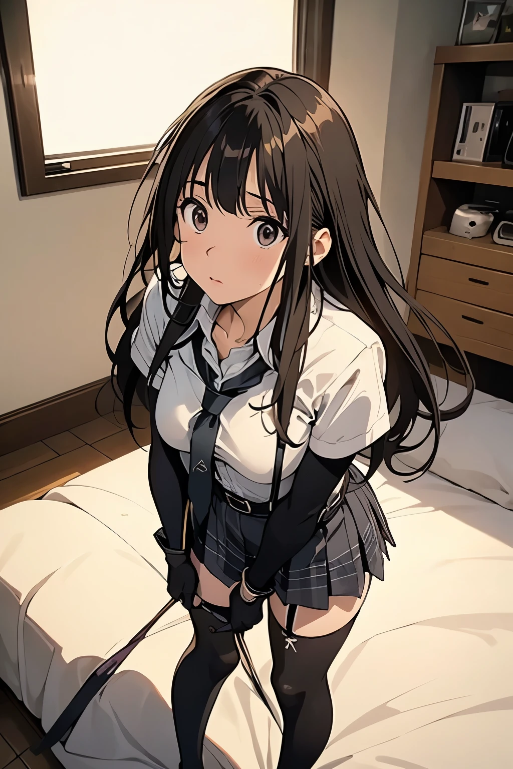1 female, , high quality, masterpiece, Ultra-high resolution, , Cinema Lighting, , , And the suspenders with the cranes flying Moderate breasts Large Breasts Small face holster Lying in bed Looking up Sweat belt summer 脇Sweat Black Hole Gloves suit garterbelt Leg Links ズボンにbelt holster Hands behind your back Anxious expression Looking up Anxious face Knee-high Knee socks Knee-highソックス garterbelt garter ふとももにgarterbelt Checkered mini skirt tie